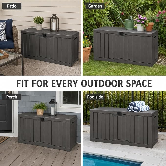 Outdoor Storage Box, Waterproof Deck Box with Buckle Lock, Patio Storage Box for Cushions and Outdoor Toy Storage, 30/60/80/100/120 Gallon PP Bench or Side Table for Patio Garden Backyard(100 Gallon)