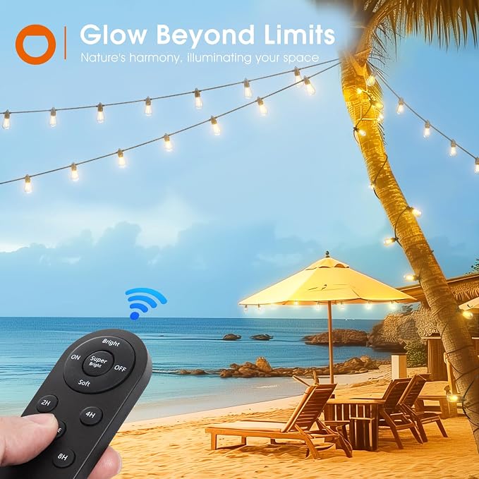 addlon 100FT(2FT) Solar String Lights Outdoor, with 50 Bulbs, Last 20+ Hrs | USB Charging, IP65 Waterproof. Dimmable Timer via Remote. Memory, 3 Modes, 2700K Warm White. Easy Install for Patio, Porch.