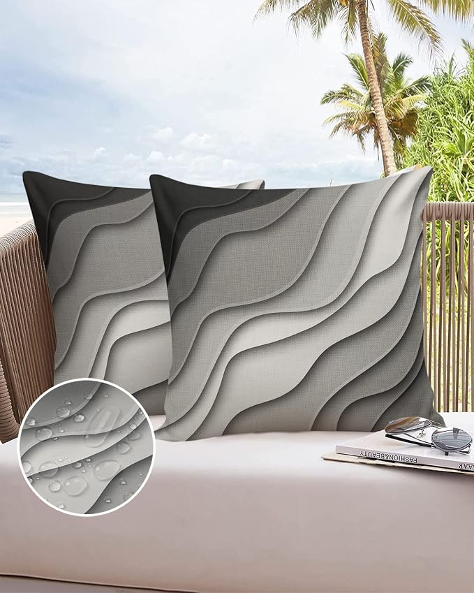 Modern Geometric Outdoor Waterproof Pillow Covers for Patio Furniture Gray Decorative Throw Pillow Cover Abstract Beach Pillowcases Set of 2 Cushion Case for Sofa Couch Chair Home Decor 20 x 20 Inches