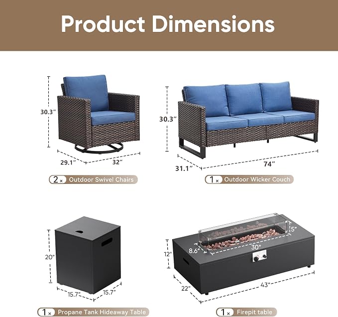 HUMMUH Patio Furniture Set with Fire Pit Table,5 Piece Wicker Outdoor Conversation Sets -Outdoor Swivel Rocker Chairs Patio Sofa for Porch,Garden,Backyard