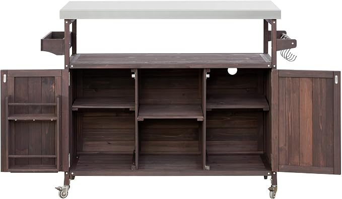 Large Outdoor Rolling Patio Bar Table Cart, Outdoor Kitchen Island Cart Grill Table, Farmhouse Solid Wood Outdoor Serving Cart Prep Table with Stainless Steel Top for Grill/Kitchen, Dark Brown