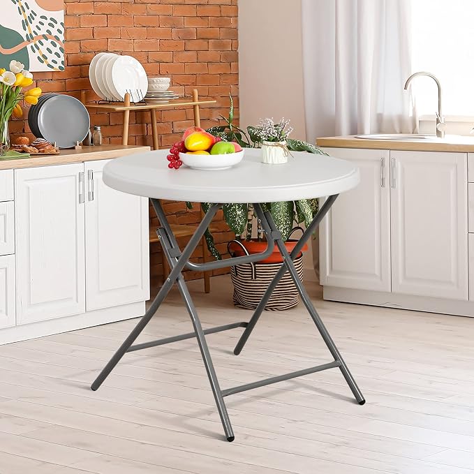 32 Inch Round Folding Table, Heavy Duty Folding 2.6FT Plastic Table for Outdoor Indoor, Metal Frame Thick Table Top Camping Picnic Table, White