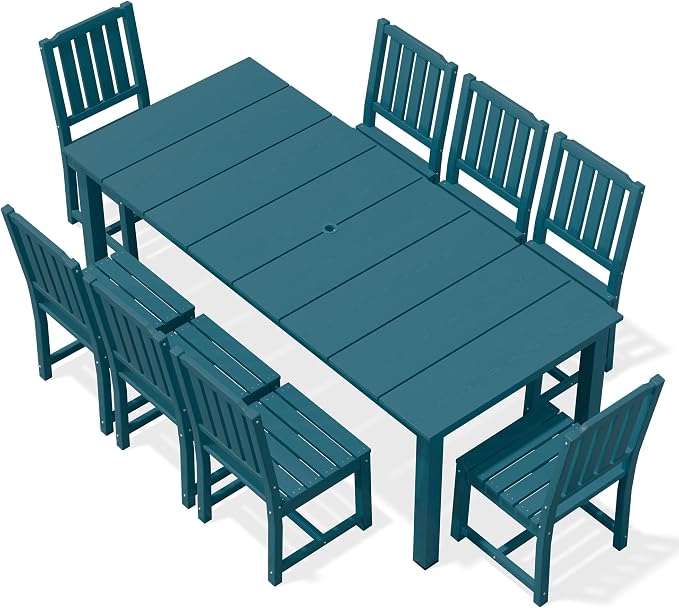 AreShark 9-Piece Outdoor Dining Set,HDPE Patio Table with 8 Chairs,All-Weather Patio Furniture Set with Umbrella Hole,Low Maintenance Wood Grain Dining Set for Backyard,Garden,Poolside,Navy Blue