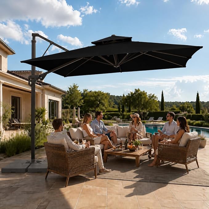 JEAREY 9ft 2-Tier Cantilever Patio Umbrella, Large Square Outdoor Offset Umbrella with Double Top Vent and 360-degree Rotation for Garden, Deck, Pool, Patio, Black