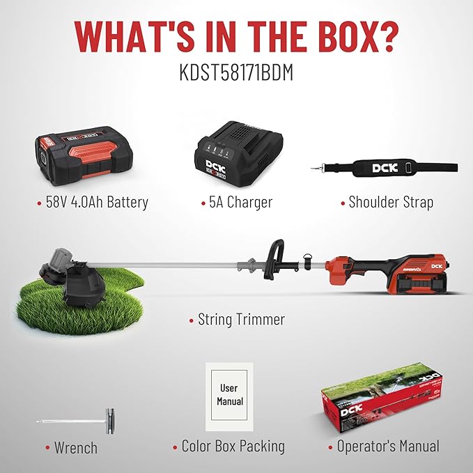 DCK 58V 17" String Trimmer Cordless, AI Adaptive Speed, Brushless Weed Eater & Edger with Dual-line Auto Feed, 6000RPM, 4.0Ah Battery, Dual Safety Switch, Electric Weed Wacker with Shoulder Strap