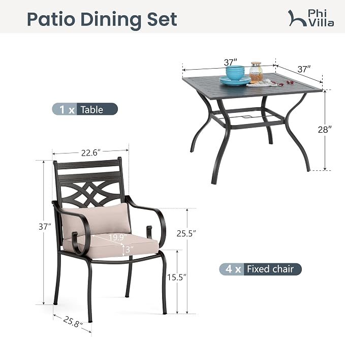 PHI VILLA Patio Dining Set, Square Metal Table | Metal chairs, Beige, Umbrella Hole, Cushions, E-coated