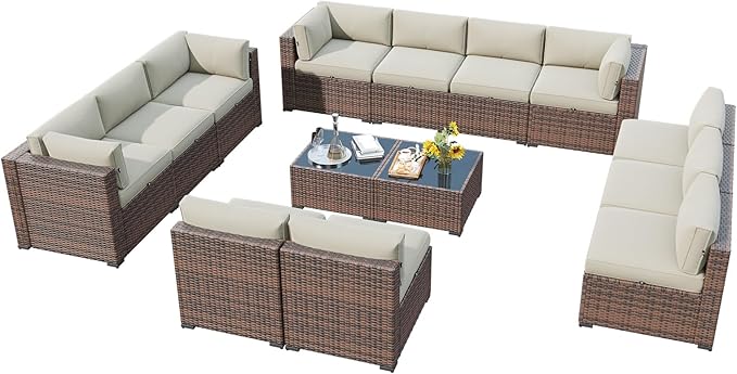LazySunsets 14 Piece Outdoor Patio Furniture Set with Coffee Table, Outdoor Patio Furniture Sets with Waterproof Cover and 4'' Cushion, Wicker Outdoor Conversation Set for Backyard & Garden, Beige