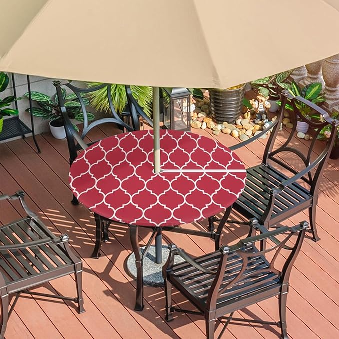 Round Tablecloth with Umbrella Hole and Zipper Moroccan Pattern Outdoor Elastic Fitted Table Cloth 45"-56" Oil-Proof Waterproof Burgundy Red Patio Table Cover for Picnic Party