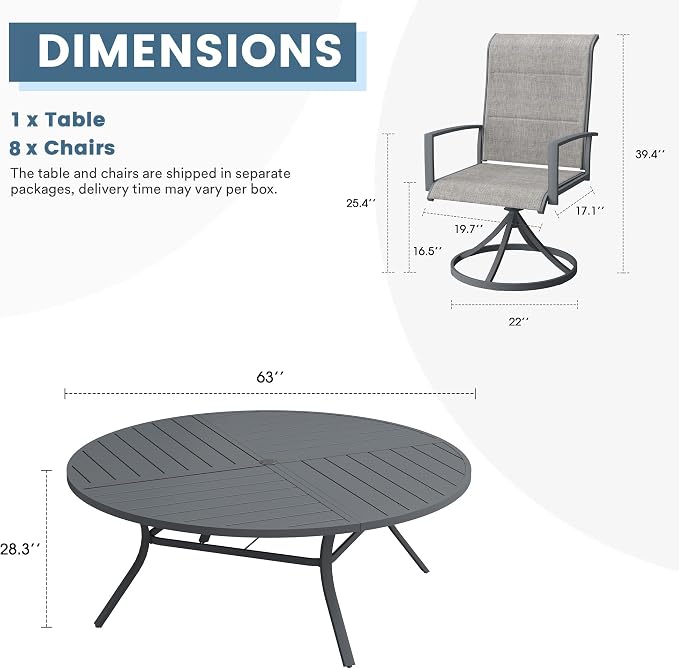 DIFY 9 Piece Outdoor Dining Set, Metal Patio Table and Chairs Set, 63" Round Dining Table & 8 Padded Textilene Swivel Patio Chairs, Outdoor Furniture Set for Garden Backyard Porch, Grey