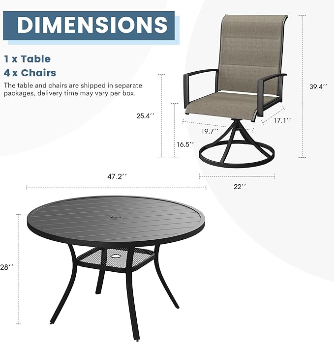 DIFY 5 Piece Outdoor Patio Dining Set for 4, 47.2" Black Round Metal Dining Table and Swivel Patio Chairs with Brown Padded Textilene, All-Weather Outdoor Furniture Set for Garden Backyard Porch