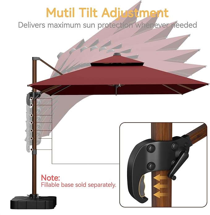 10x13 FT Wood Pattern Patio Umbrella, Large Deluxe Cantilever Rectangular Double Top Heavy Duty Offset Umbrellas with 360° Rotation, Outdoor shade for Garden Deck Pool Patio, Red
