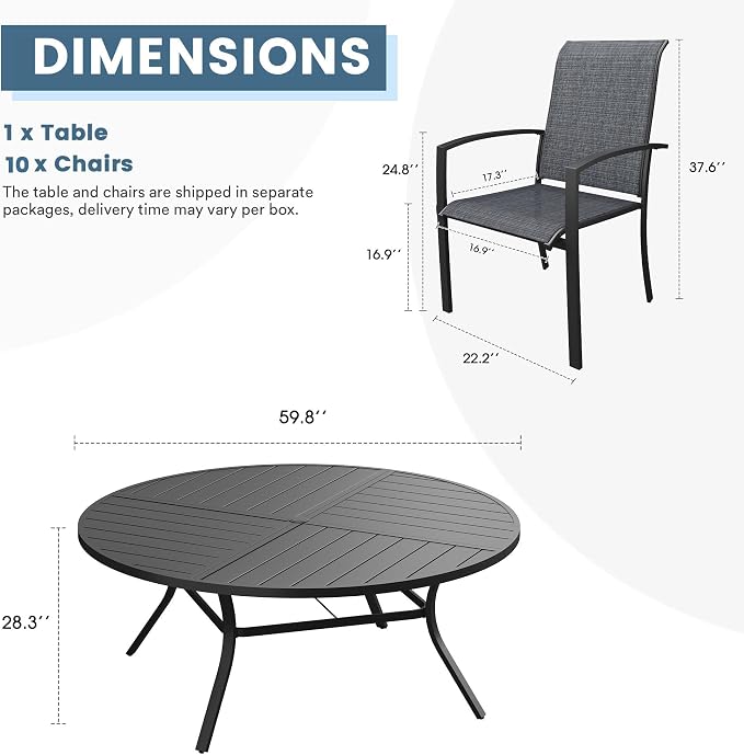 DIFY 11 Pieces Outdoor Dining Set, Metal Patio Table and Chairs Set for 10 with Umbrella Hole, 59.8" Round Dining Table and Textilene Stackable Patio Chairs for Garden Backyard Deck, Black