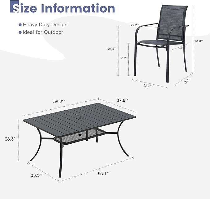 VICLLAX Patio Table and Chairs Set for 6, Patio Furniture Set of 6 Patio Stackable Dining Chairs and Outdoor Metal Table with Umbrella Hole for Backyard Lawn Garden, Dark Grey Chairs and Black Table