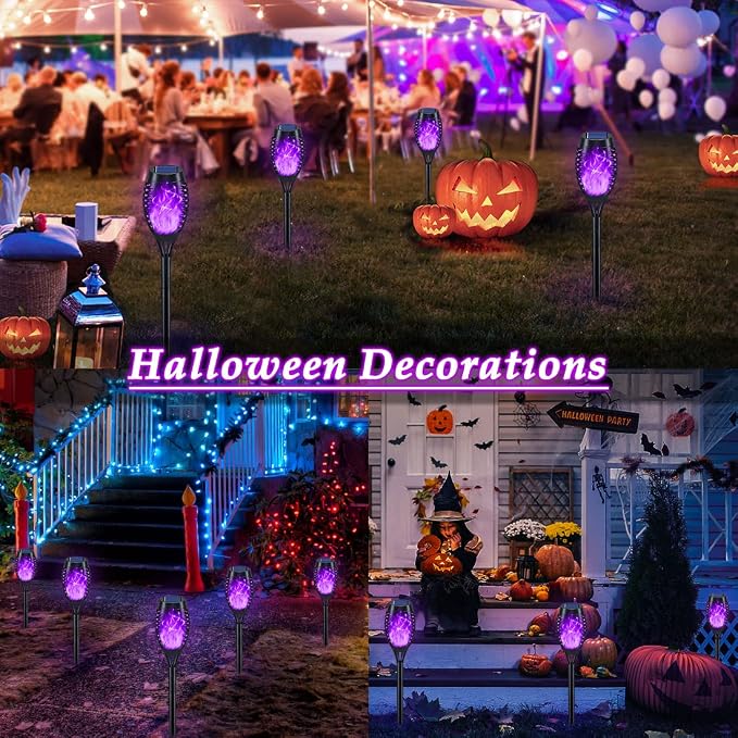 16Pack Purple Solar Halloween Lights for Halloween Decorations Outdoor | Halloween Solar Lights Outdoor with Flickering Flame, Waterproof Torches for Outside, Scary Halloween Yard Pathway Decoration