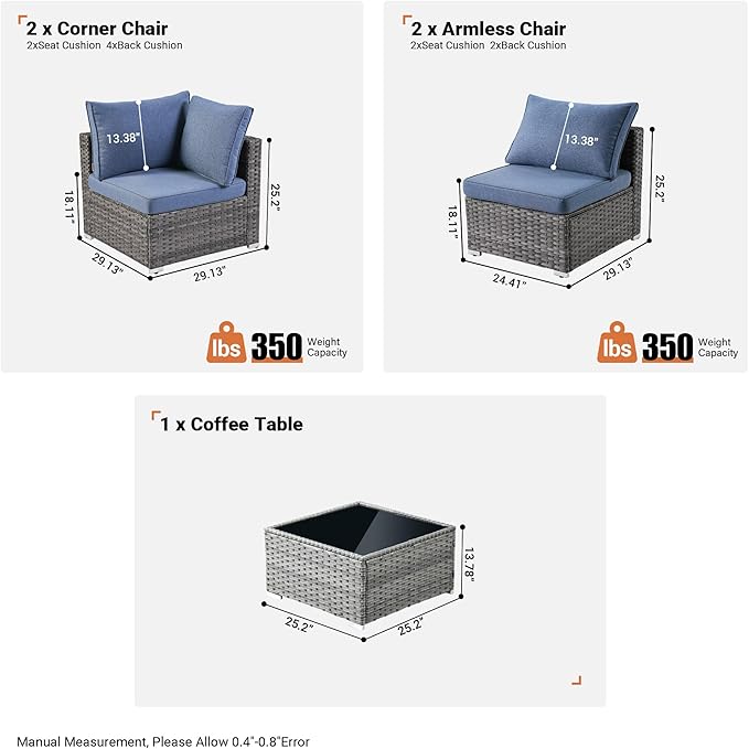 ovios Outdoor 7 Piece Coversation Set with Coffee Table,Sectional Patio Furniture Set with All-Weather Wicker Sofa,Modern Outside Couch for Balcony Backyard Pool, Blue