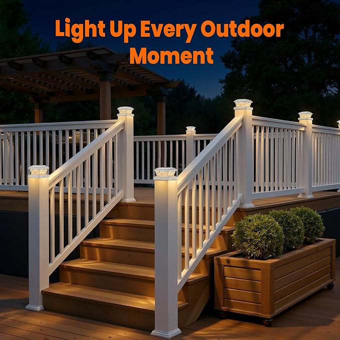 4x4 3.5x3.5 Solar Post Cap Lights 6-Pack White | 2 Modes (Warm/Cool White), 16LEDs, for Wooden/Vinyl Posts, IP65 Waterproof, Outdoor, for Fence, Deck, Patio, Yard, Porch