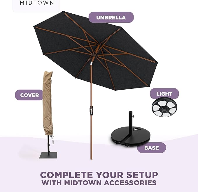Midtown Umbrellas Wooden 2-8 Ft Patio Umbrella with 360° Swivel & Tilt Mechanism, 8 Fiberglass Ribs & Sunbrella Fabric - Outdoor Umbrella for Deck, Pool & Garden - Burgundy Canopy, Wooden Pole