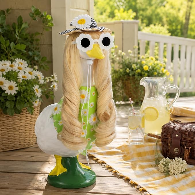 Summer Daisy Porch Goose Outfit 4 Pieces with Porch Goose Long Blonde Wig Daisy Floral Hat Bandana for Outdoor Decor for Lawn Goose Statues
