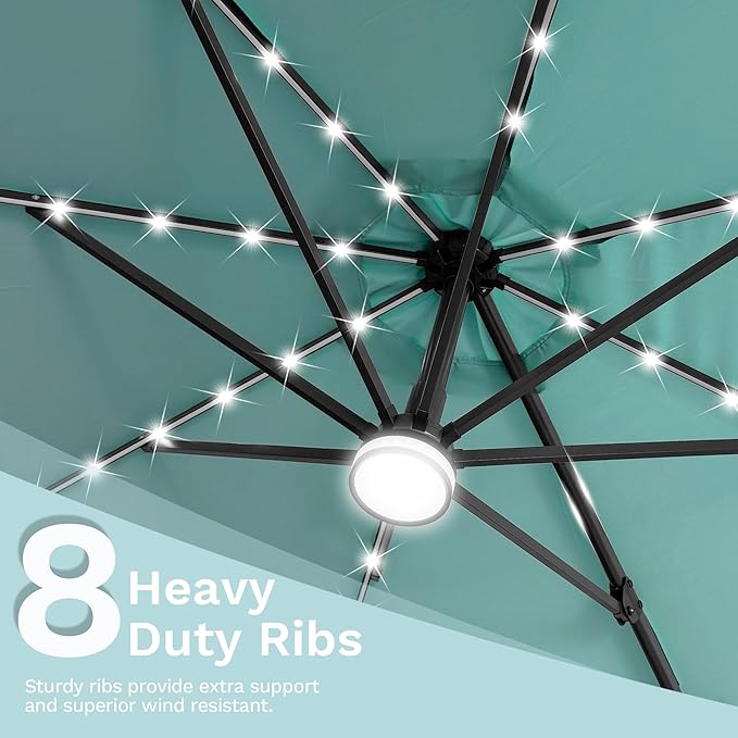 Devoko 10ft Solar LED Patio Umbrella, Round Cantilever Outdoor Umbrella with Solar Lights and 360-Degree Rotation, Large Hanging Offset Market Umbrella with Easy Tilt for Patio Deck Garden,Turquoise
