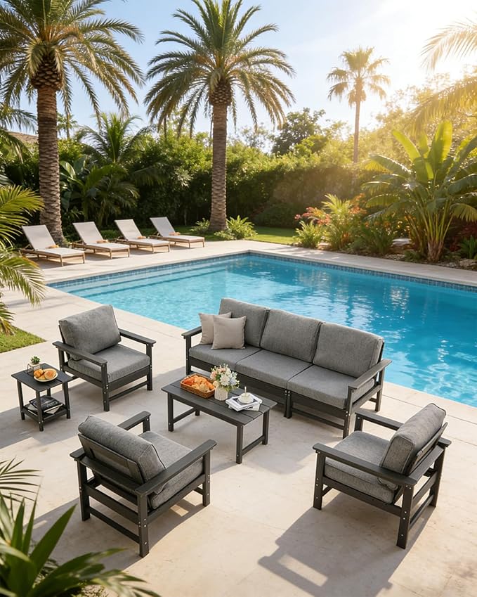 HDPE Outdoor Patio Furniture Set with Cushions, X Piece Patio Conversation Set Sofa Set, All Weather Outdoor Couch Set (Grey Frame/Grey Cushion, 8-Piece Set w/1+3+1+1+Coffee & Side Table)