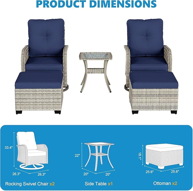 5-Piece Small Patio Furniture Set, Outdoor Swivel Rocking Chairs Set with Ottomans, Patio Bistro Set for Balcony, Deck, Porch, Navy Blue