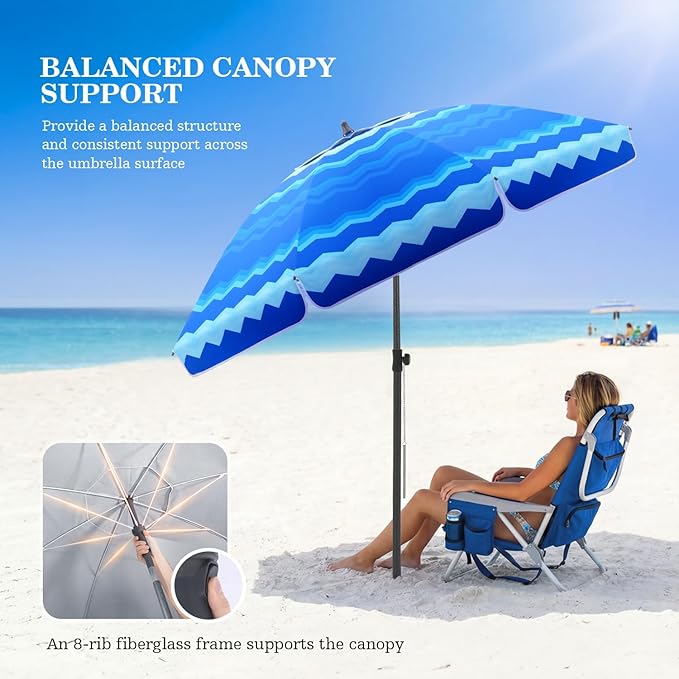 UIRWAY Beach Umbrella, Heavy Duty Windproof Beach Umbrellas with Sand Anchor & Tilt, Sun Protection Portable Beach Umbrella with Carrying Bag for Beach, Patio Garden Pool Outdoor