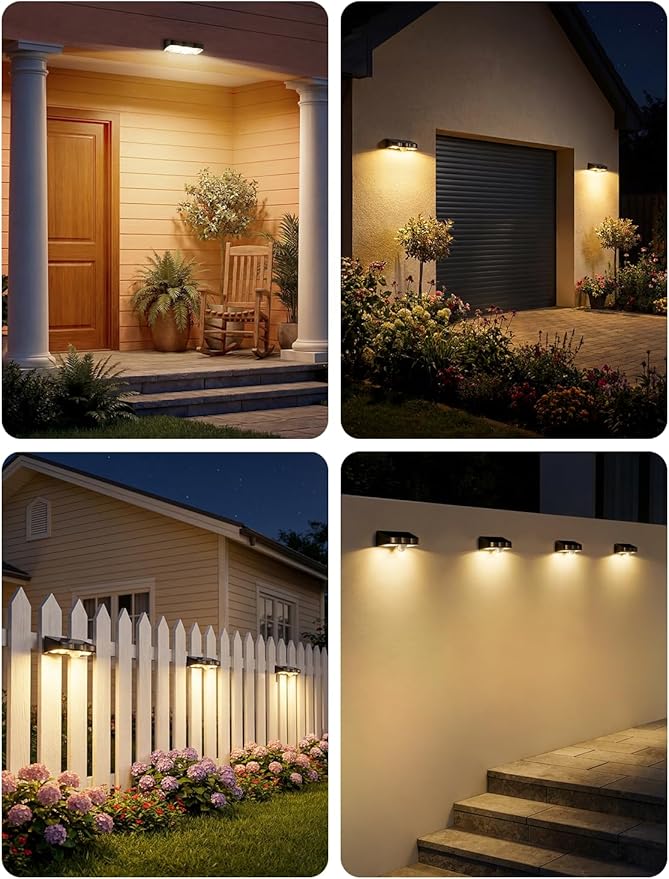 Solar Fence Lights Outdoor with Motion Sensor, 4 Pack Warm White Fence Lights Solar Powered 3 Modes IP65 Waterproof Dusk to Dawn Outdoor Lights for Patio Deck Wall Backyard Garden Decorative