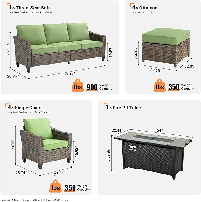 10 PCS Outdoor Patio Furniture 54in Set with Fire Pit Table, All-Weather Rattan Wicker Conversation Group with Deep Seating, High Back Comfort for Porch, Backyard, Green