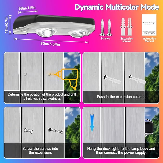 AHAWILL Outdoor Fence Lights,7 Fixed Colors & Color Changing Modes,IP67 Smart Fence Lighting with Remote Control,App Control,LED Light for Outdoor Decor,Wired 8 Packs (50ft)