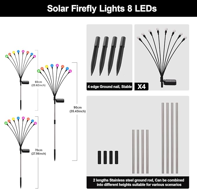 Solar Firefly Lights Outdoor, 8 Mode RGB Color Changing Swaying Flashing Firefly Garden Lights Solar Powered Waterproof for Outside Yard Pathway Christmas Garden Decor Multicolor (4 Pack)