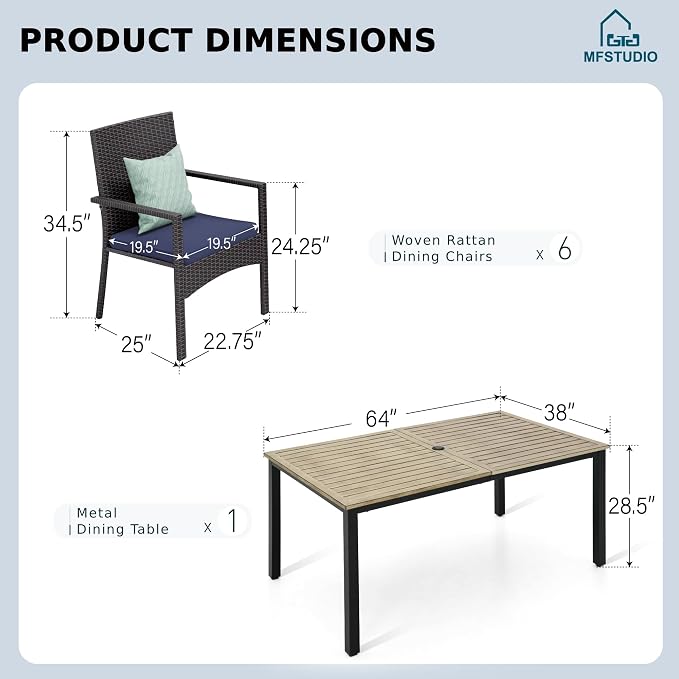 MFSTUDIO 7 Pieces Patio Dining Set for 6, 65” Wood-Like Metal Dining Table & Wicker Chairs, Outdoor Rattan Dining Furniture Set, Patio Rectangular Table and Chairs for 6, Deck, Backyard