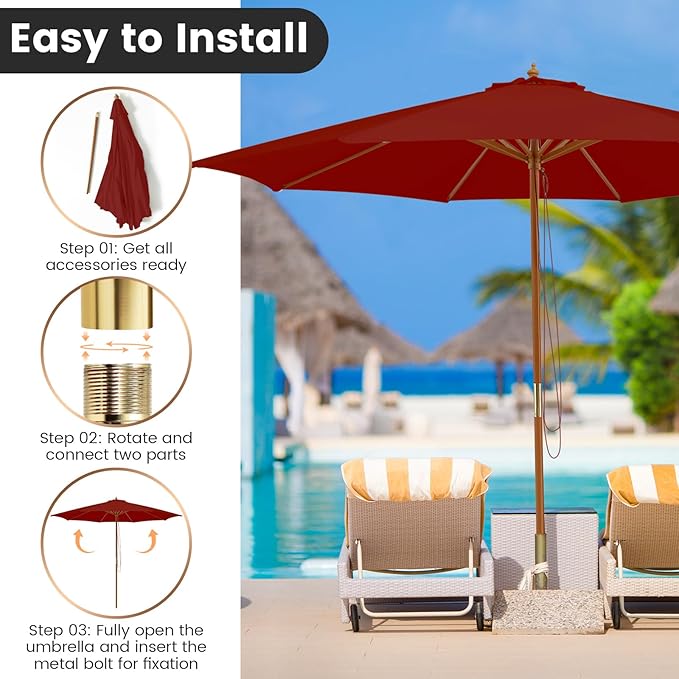 Tangkula 10FT Patio Umbrella, Outdoor Table Market Umbrella w/8 Wooden Ribs, 3 Adjustable Heights, Rope Pulley System, Detachable Pole, Wooden Patio Umbrella for Garden, Poolside, Backyard (Burgundy)