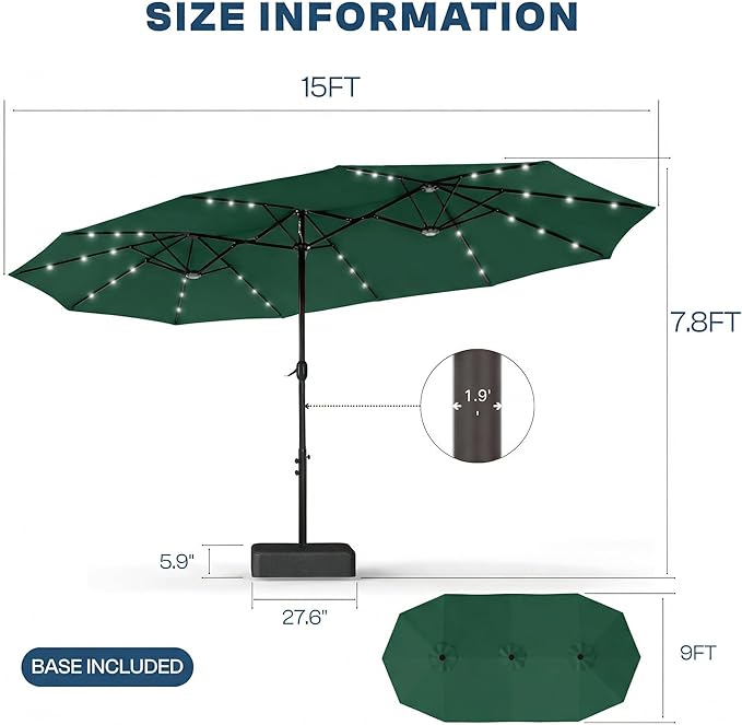 15FT Large Outdoor Patio Umbrella with Solar Lights and Base, Double-Sided Table Umbrellas with 48 LED Lights, Rectangle Market Umbrella for Pool, Deck, Backyard
