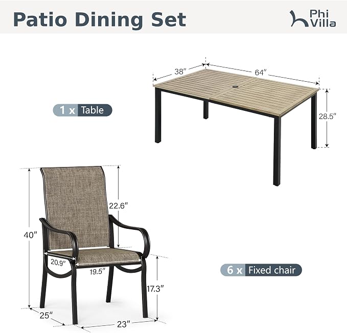 PHI VILLA Outdoor Dining Set for 6 Person, Wooden Texture Metal Table with Umbrella Holes and 6 High Back Fixed Chairs All Weather Patio Table and Chairs for Deck Garden Yard