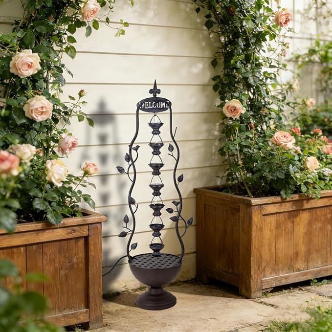 42" Water Fountain Set of 2, 7-Tiers Outdoor Indoor Floor Standing Waterfall Metal Water Flow for Patio Yard Porch Garden Home Decor