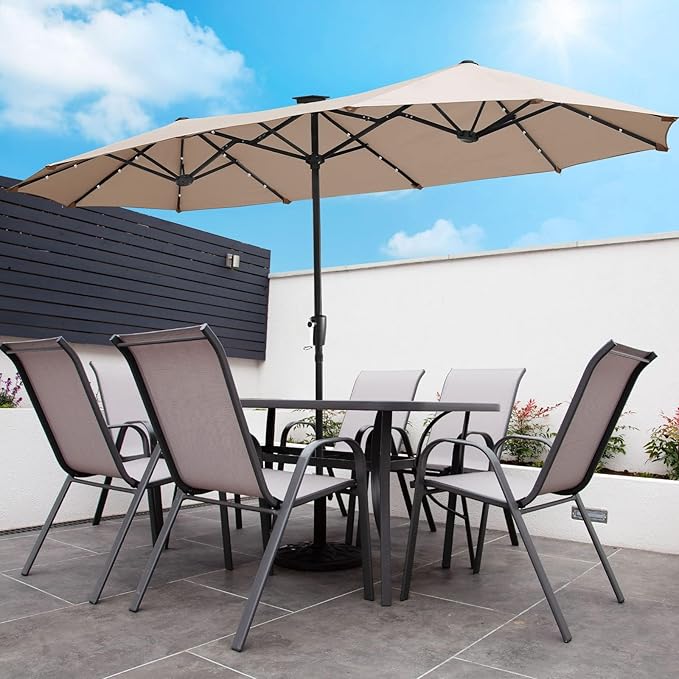 FREE SOLDIER 13ft Patio Umbrella with 36 LED Solar Lights Double Sided Outdoor Umbrella for Patio Table Umbrella with Solar lights for Garden Yard Pool (Beige)