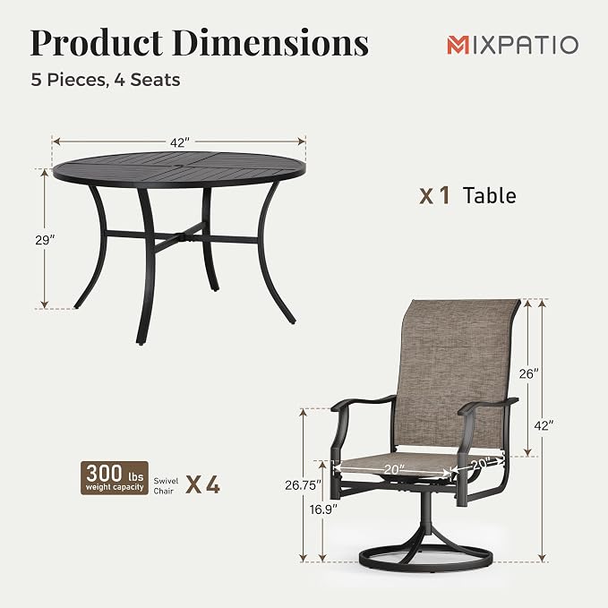 MIXPATIO 5 Pieces Patio Dining Set, Outdoor Table and Chairs, 1 x 42 Round Black Table and 4 x Textilene 360-Degree Swivel Dining Chairs with 15° Rocking Motion, for Cozy Garden, Grayish Brown