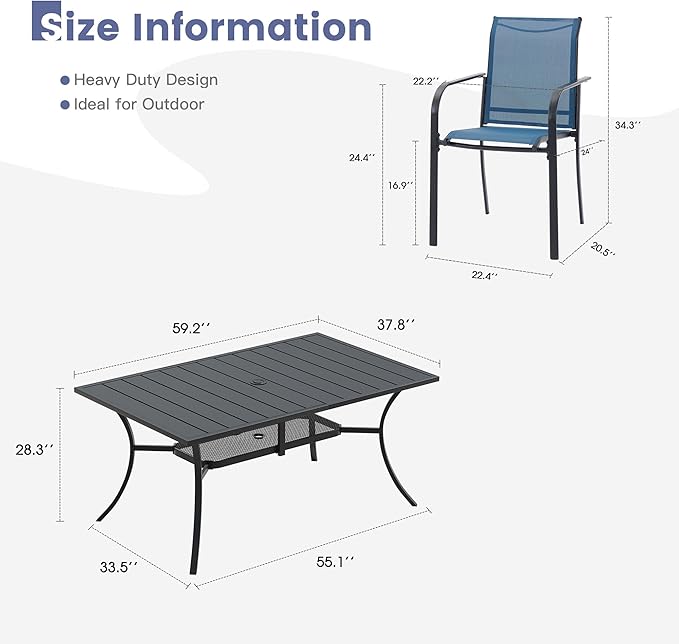 VICLLAX Patio Table and Chairs Set for 6, Patio Furniture Set of 6 Patio Stackable Dining Chairs and Outdoor Metal Table with Umbrella Hole for Backyard Lawn Garden, Blue Chairs and Black Table