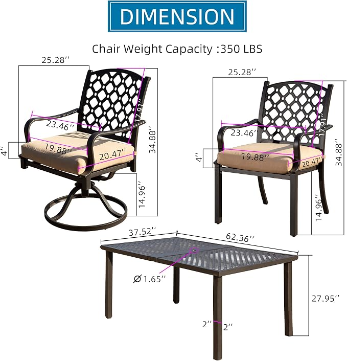 Domi Outdoor 7 pcs Patio Dining Set, Metal Dining Table, Swivel and Dining Chairs Conversation Set with Removable Beige Cushions for Garden Lawn Yard
