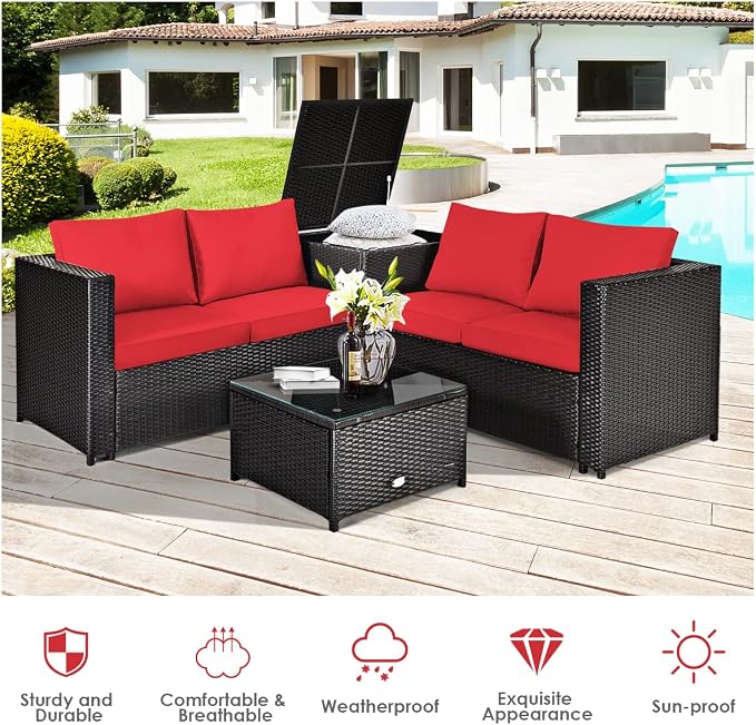 DORTALA 8 Pieces Outdoor Patio Furniture Set, Weather Resistant PE Rattan Conversation Set with Loveseats, Outdoor Sectional Sofa Set with Comfy Cushions for Garden and Poolside, Red