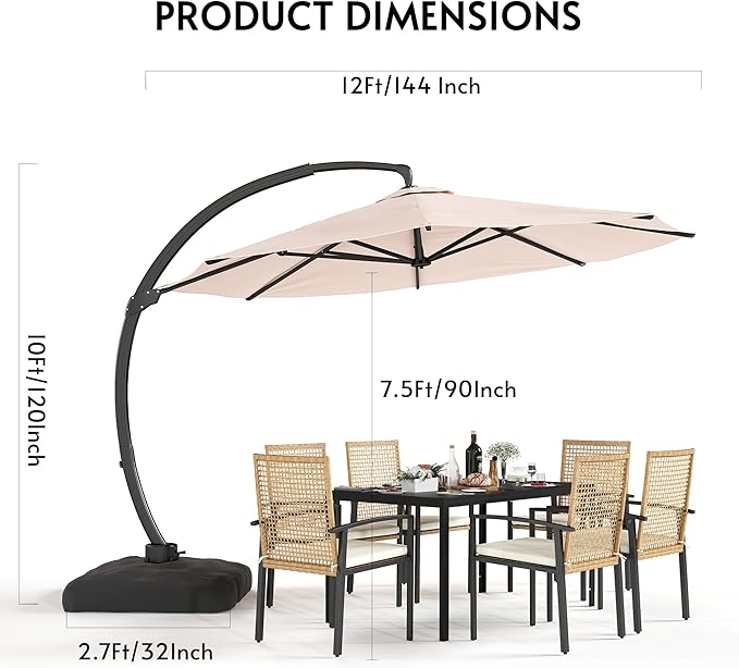 12FT Cantilever Patio Umbrella with Base Included, Large Cantilever umbrella with 360°Rotation, Heavy-Duty Offset Outdoor Umbrella for Patio,Pool,Garden and Backyard (Champagne)