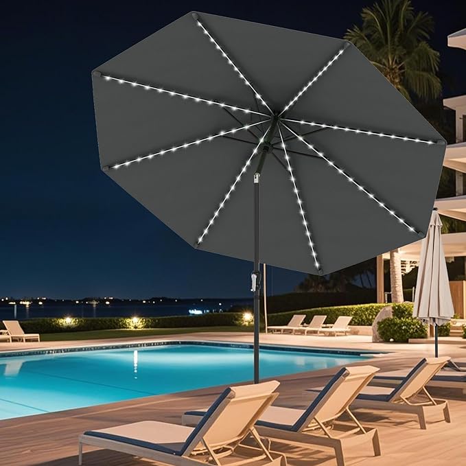 Tangkula 10 FT Solar Patio Umbrella, Outdoor Market Table Umbrella with 96 Multi-Colored Flowing LED Lights, 9 Modes, Tilt Adjustment, Crank Handle, 8 Ribs, Vented Top for Backyard Poolside Deck Lawn