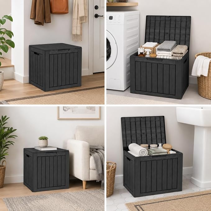 Outdoor Deck Patio Storage Box - 35 Gallon Small Outdoor Deck Box, Plastic Storage Bin with Lid, Outside Toy Box & Pool Storage Container for Cushions, Garden Tools, Towel, Lockable Chest, Black