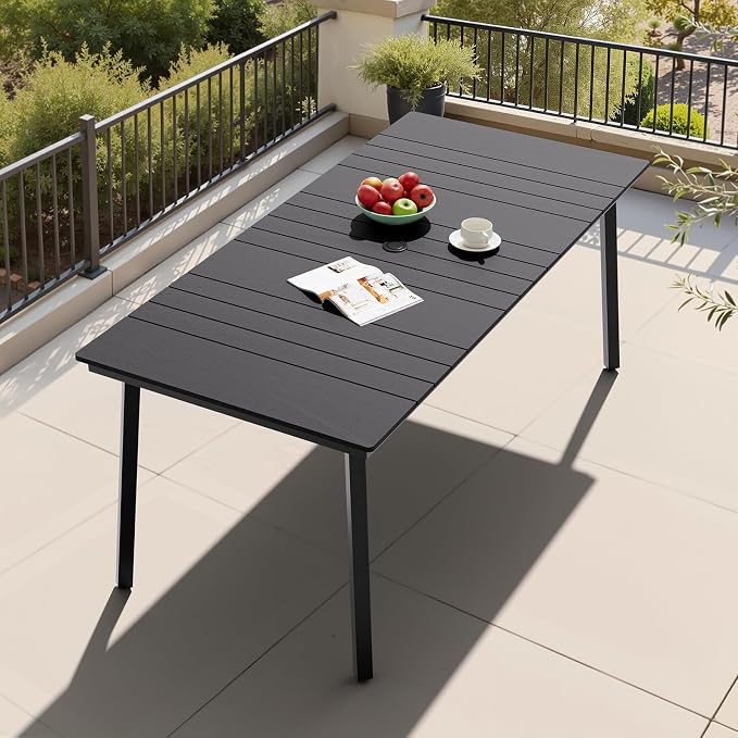 Crestlive Products Outdoor Dining Table for 6, 70" Rectangular Patio Table with Metal Frame 1.6" Umbrella Hole for Backyard Balcony Garden, Black