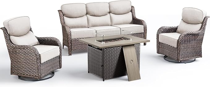 Luxury Patio Furniture Set with Fire Pit Table-4 Pieces High Back Wicker Swivel Rocker Chairs with 6" Extra Thick Cushions, Outdoor Patio Conversation Sets for Porch Deck Backyard(Brown/Beige)