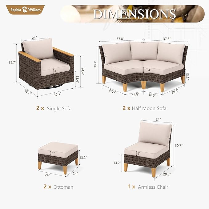 Sophia & William Half Moon Outdoor Sectional Furniture with High Back Swivel Rocker Chairs and Curved Sofa, 9PCS Wicker Patio Conversation Set for Deck Yard and Poolside, Beige