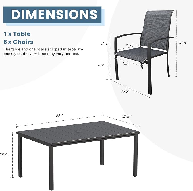 DIFY 7 Pieces Outdoor Dining Set, Metal Patio Table and Chairs Set for 6 with Umbrella Hole, 63" Rectangle Dining Table and Textilene Stackable Patio Chairs for Garden Backyard Deck, Black