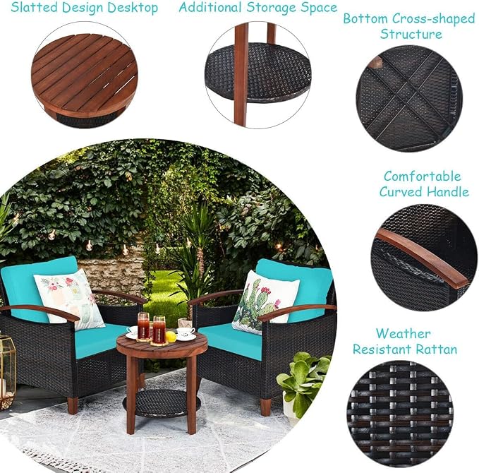 3PCS Patio Rattan Furniture Set Solid Wood Frame Cushion Sofa Round Table Shelf Seat Cushion (Color : A) (B)