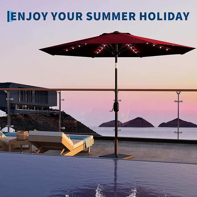9FT Outdoor Patio Umbrella, 8 Ribs Market Table Umbrella with Solar Light & Tilt & Crank, UV-Resistant Waterproof for Pool, Deck, Backyard, Red