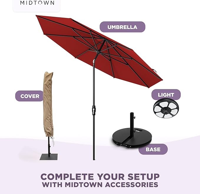 Midtown Umbrellas – The Swilt 10 Ft Patio Umbrella with 360° Swivel & Tilt Mechanism, Sunbrella Fabric & 8 Fiberglass Ribs – Outdoor Umbrella for Deck, Pool & Cafes – Red Canopy, Black Pole